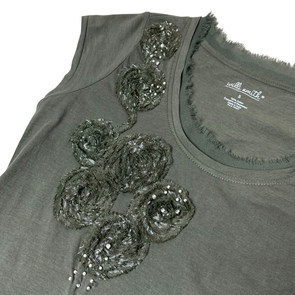 Willi Smith Green Metallic Beaded Embellished Cap Sleeve Cotton T-shirt Small - Picture 7 of 12